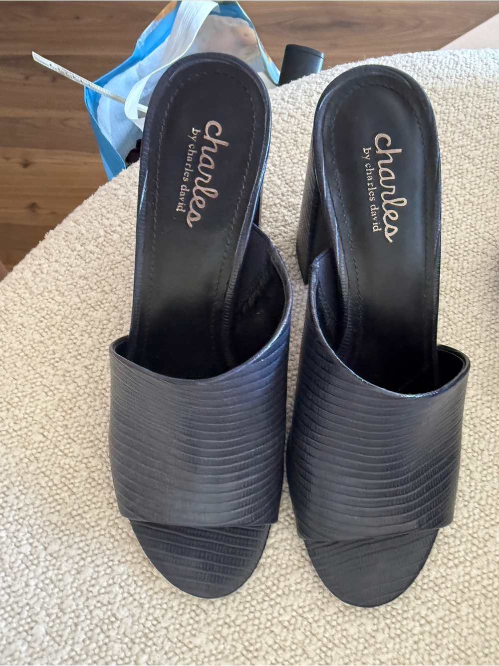 Charles by Charles David Black Textured Open-Toe Slide Mules